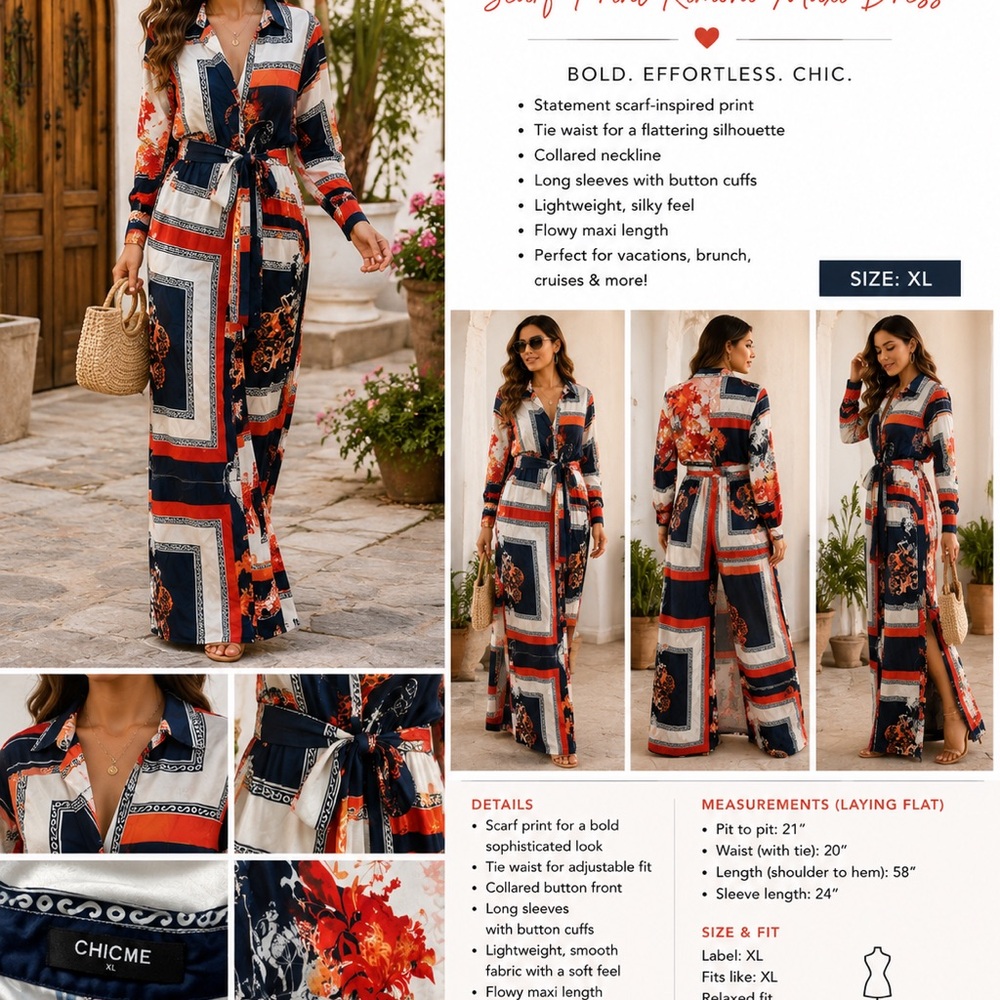ChicMe Scarf Print Maxi Shirt Dress — Navy, Red & Cream